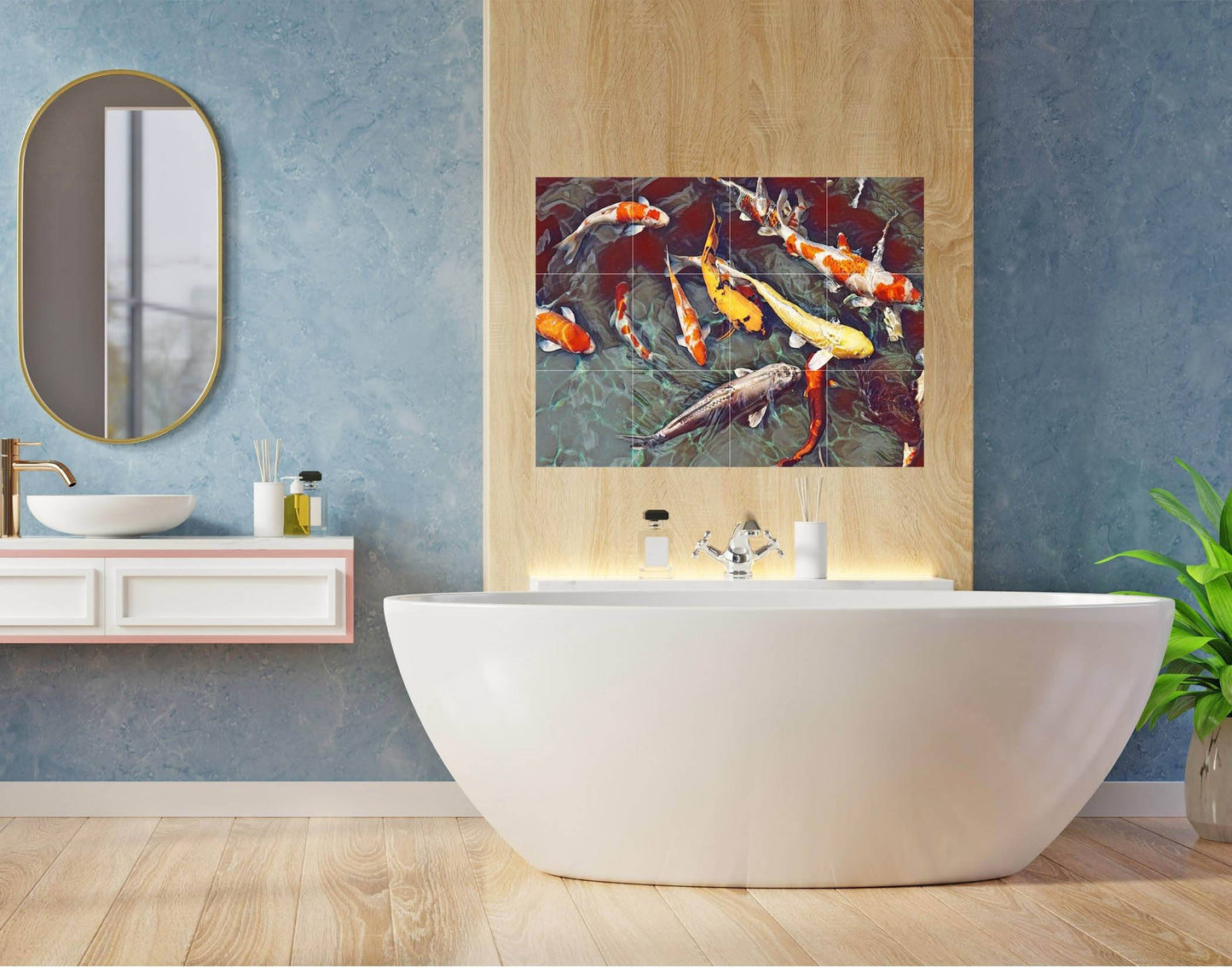 Tile Mural/Mosaic Ceramic Panel of a Japanese Koi Fish Pond - Wall Nature Art - Japanese Tile Mural -Gloss Tiles -Tile Mosaic