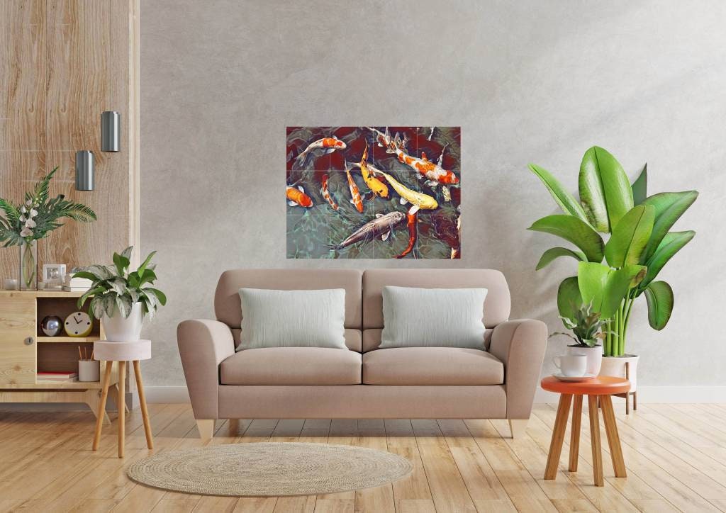 Tile Mural/Mosaic Ceramic Panel of a Japanese Koi Fish Pond - Wall Nature Art - Japanese Tile Mural -Gloss Tiles -Tile Mosaic