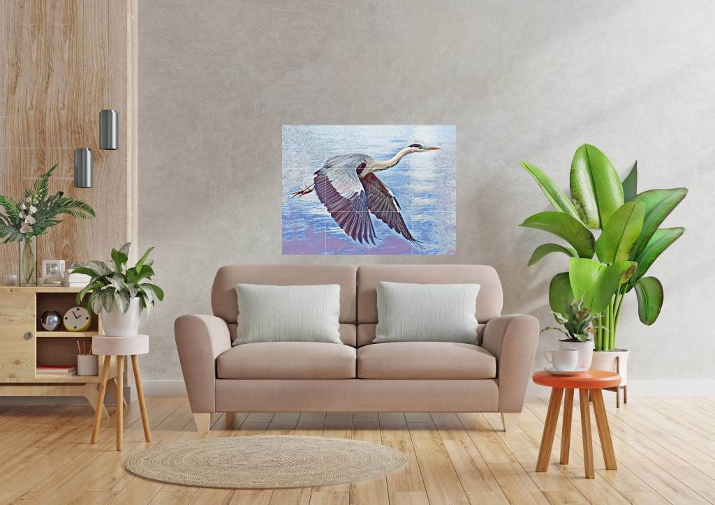 Tile Mural/Mosaic Ceramic Panel of a Flying Crane Bird - Crane Wall Art - Crane wall print - Tile Mural - Gloss Tiles - Tile Mosaic