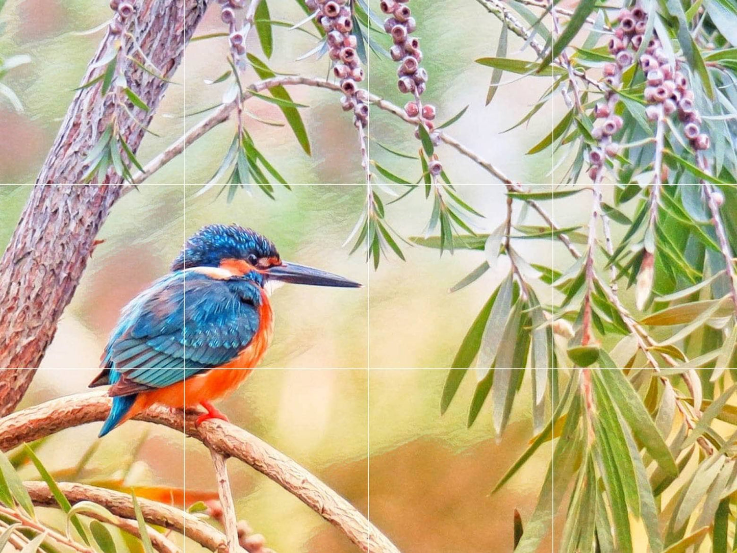Tile Mural/Mosaic Ceramic Panel of Kingfisher Bird and Flowers - Kingfisher wall print - Tile Mural - Gloss Tiles - Tile Mosaic