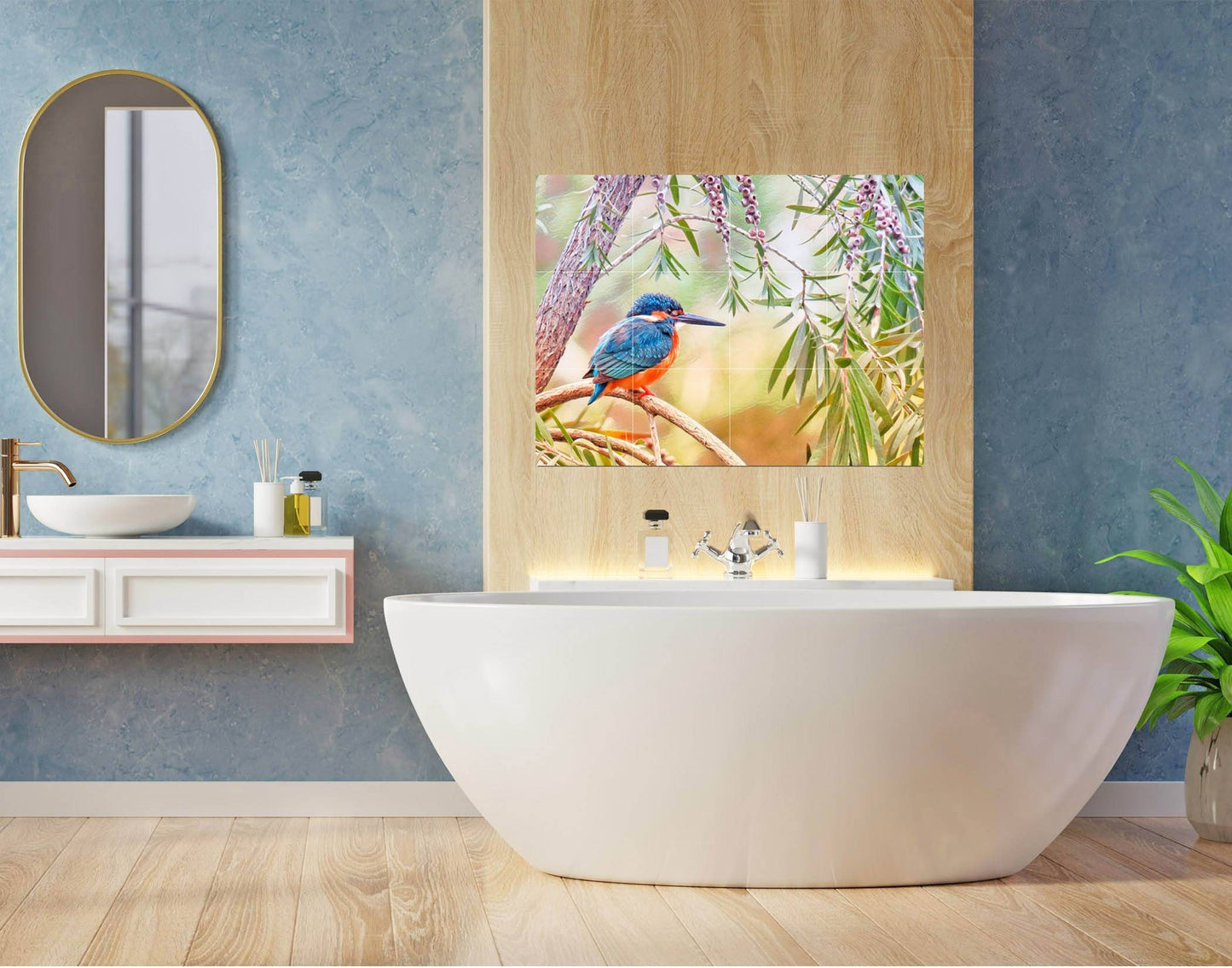 Tile Mural/Mosaic Ceramic Panel of Kingfisher Bird and Flowers - Kingfisher wall print - Tile Mural - Gloss Tiles - Tile Mosaic