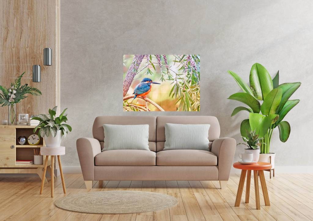 Tile Mural/Mosaic Ceramic Panel of Kingfisher Bird and Flowers - Kingfisher wall print - Tile Mural - Gloss Tiles - Tile Mosaic