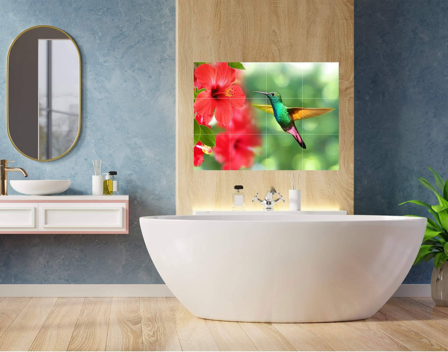 Tile Mural/Mosaic Ceramic Panel of a Hummingbird feeding on a flower- Colourful Wall Art - Tile Mural Art Print - Home Decor - Tile Mosaic
