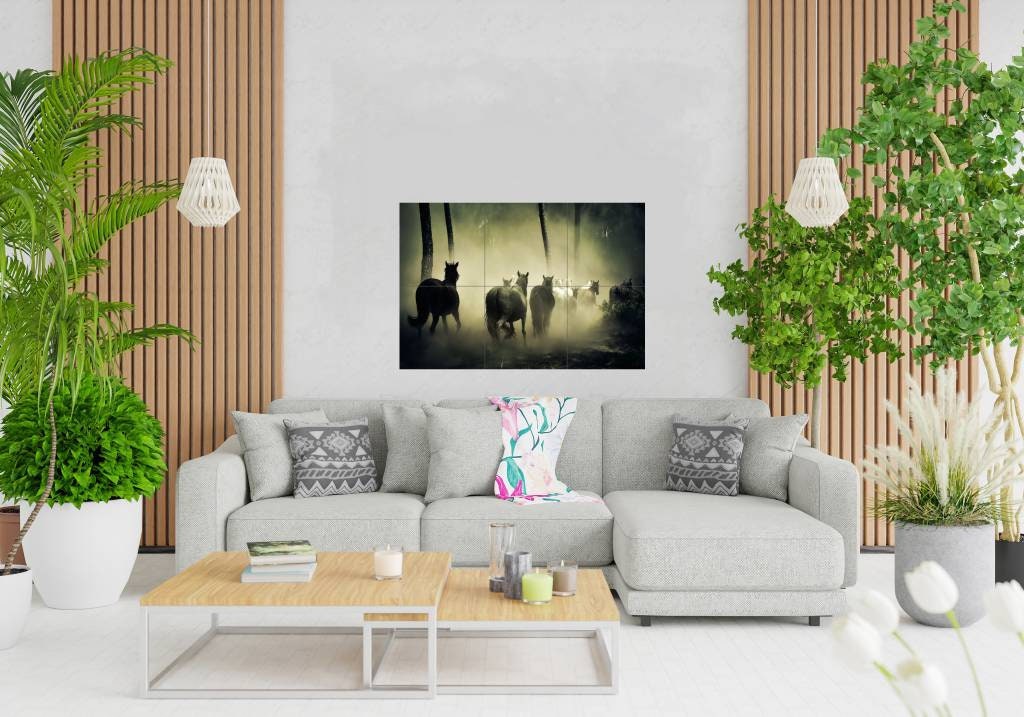 Galloping Horses Mural/Tile Mural/Mosaic Ceramic Panel of Galloping Horses - Horse Mural Misty Forest - Gloss Tiles - Tile Mosaic