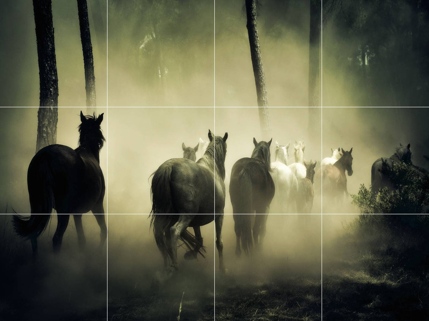 Galloping Horses Mural/Tile Mural/Mosaic Ceramic Panel of Galloping Horses - Horse Mural Misty Forest - Gloss Tiles - Tile Mosaic