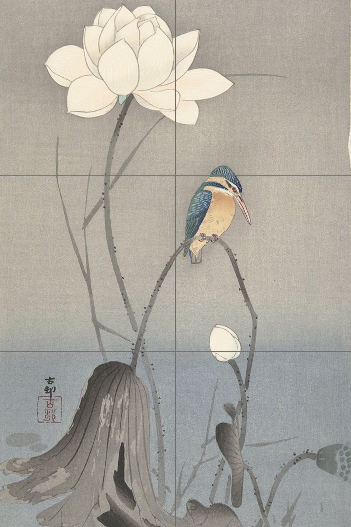 Tile Mural/Mosaic Ceramic Panel of a Kingfisher with Lotus Flower - Ohara Koson - Japanese Art - Tile Mural - Gloss Tiles - Tile Mosaic
