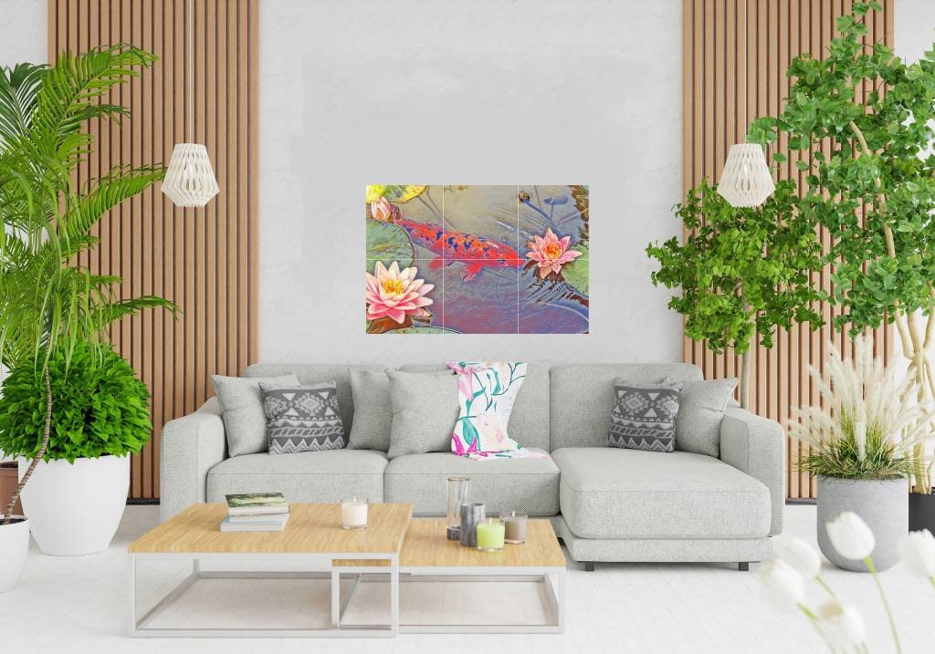 Tile Mural/Mosaic Ceramic Panel of a Japanese Koi Fish Lotus Pond - Koi Fish wall print - Japanese Tile Mural -Gloss Tiles -Tile Mosaic