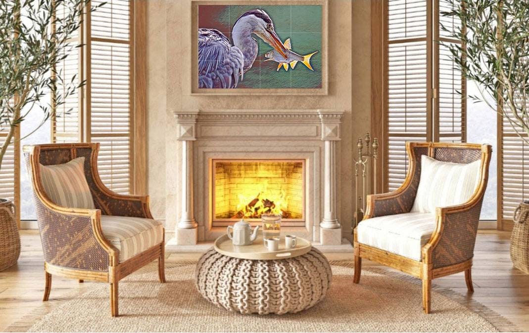 Tile Mural/Mosaic Ceramic Panel of a Heron Bird with Fish -Heron wall print - heron bird wall art - Tile Mural - Gloss Tiles - Tile Mosaic