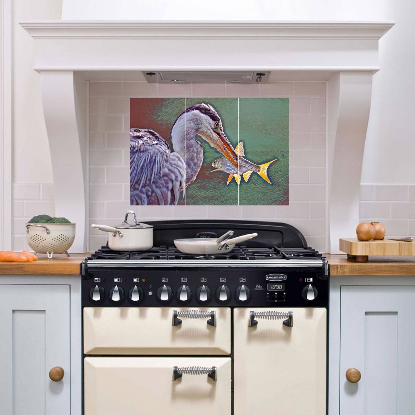 Tile Mural/Mosaic Ceramic Panel of a Heron Bird with Fish -Heron wall print - heron bird wall art - Tile Mural - Gloss Tiles - Tile Mosaic