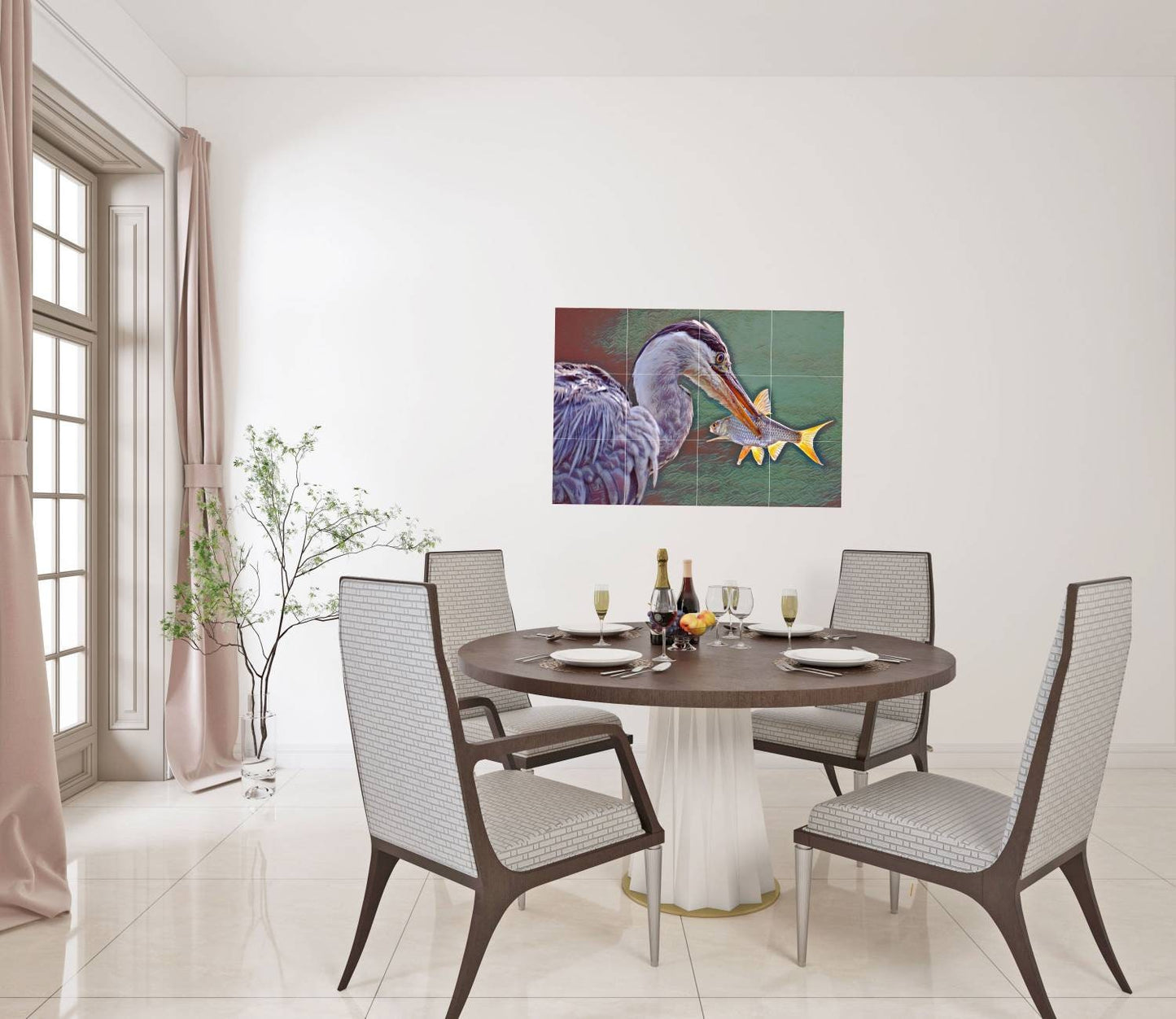 Tile Mural/Mosaic Ceramic Panel of a Heron Bird with Fish -Heron wall print - heron bird wall art - Tile Mural - Gloss Tiles - Tile Mosaic