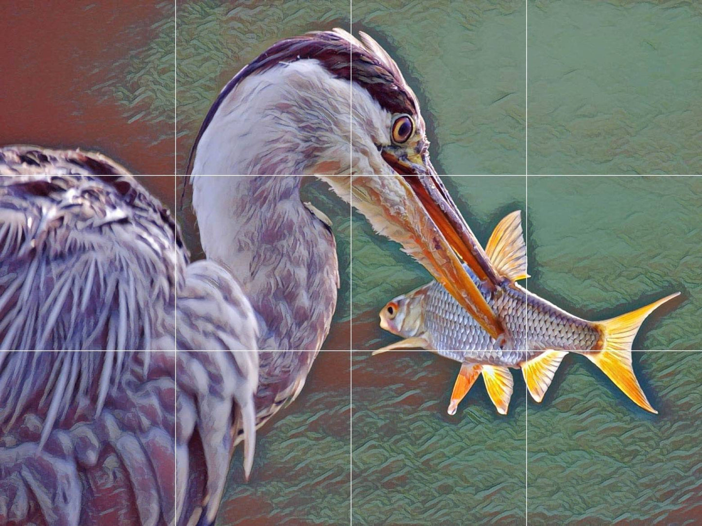 Tile Mural/Mosaic Ceramic Panel of a Heron Bird with Fish -Heron wall print - heron bird wall art - Tile Mural - Gloss Tiles - Tile Mosaic