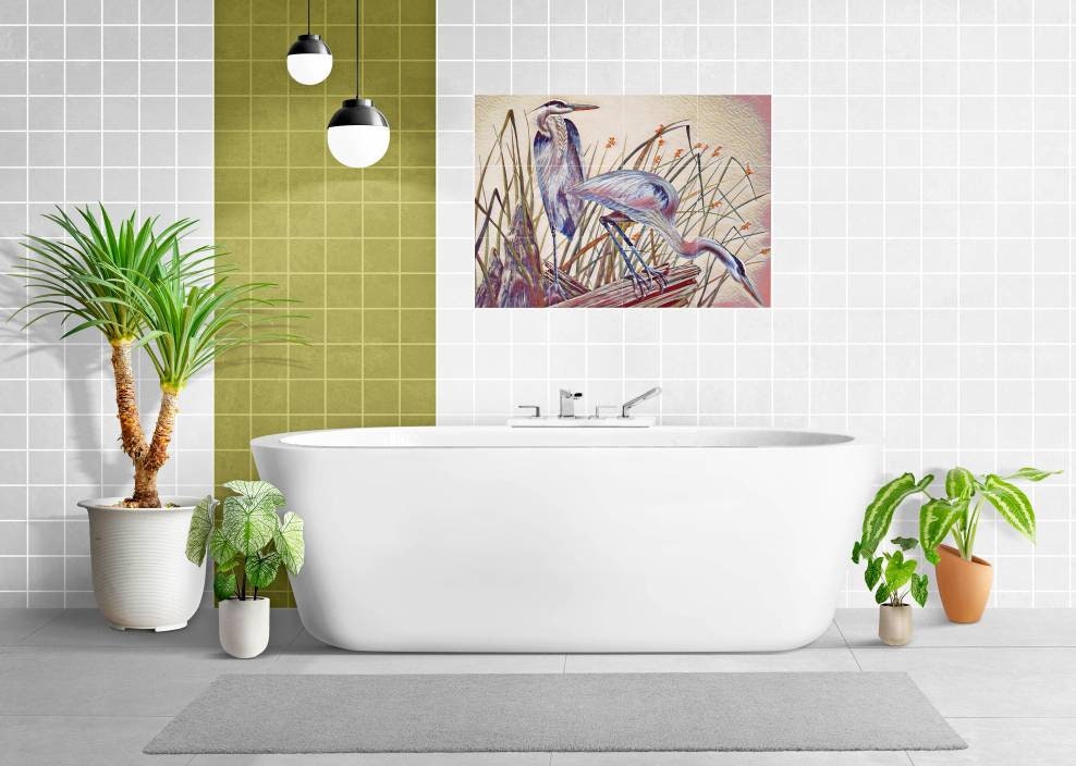 Tile Mural/Mosaic Ceramic Panel of Blue Herons Birds - Heron Birds Wall Art - Heron Birds Print - Tile Mural - Gloss Tiles - Tile Mosaic