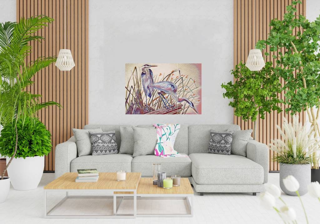 Tile Mural/Mosaic Ceramic Panel of Blue Herons Birds - Heron Birds Wall Art - Heron Birds Print - Tile Mural - Gloss Tiles - Tile Mosaic