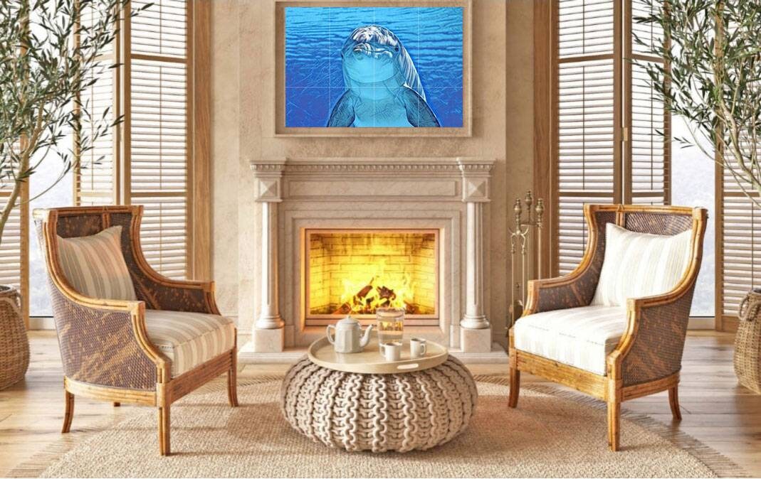 Tile Mural/Mosaic Ceramic Panel of a Dolphin - Colourful Wall Art - Tile Mural Art Print - Home Decor - Tile Mosaic