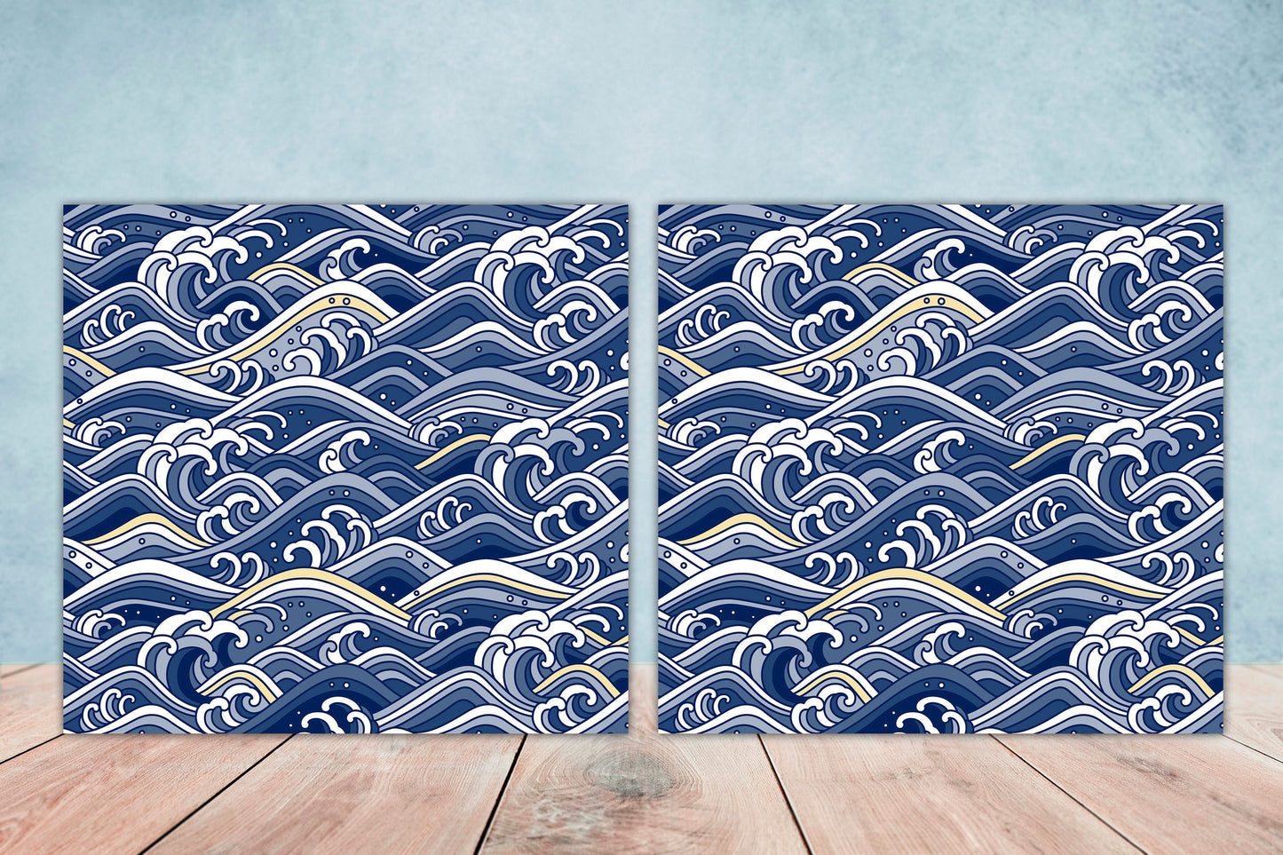 Japanese Wave Ceramic Tiles - Set of 2 Japan Wall Decor Tiles - Kitchen Backsplash Tiles, Table Decorative Tiles, Bathroom Tiles, Coaster