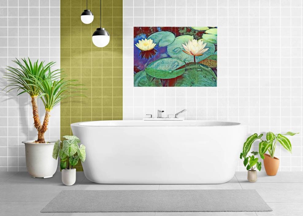 Tile Mural/Mosaic Ceramic Panel of Lotus Flowers - Lotus Flower Mural - Lotus Wall Art - Lotus Print - Tile Mural -Gloss Tiles -Tile Mosaic