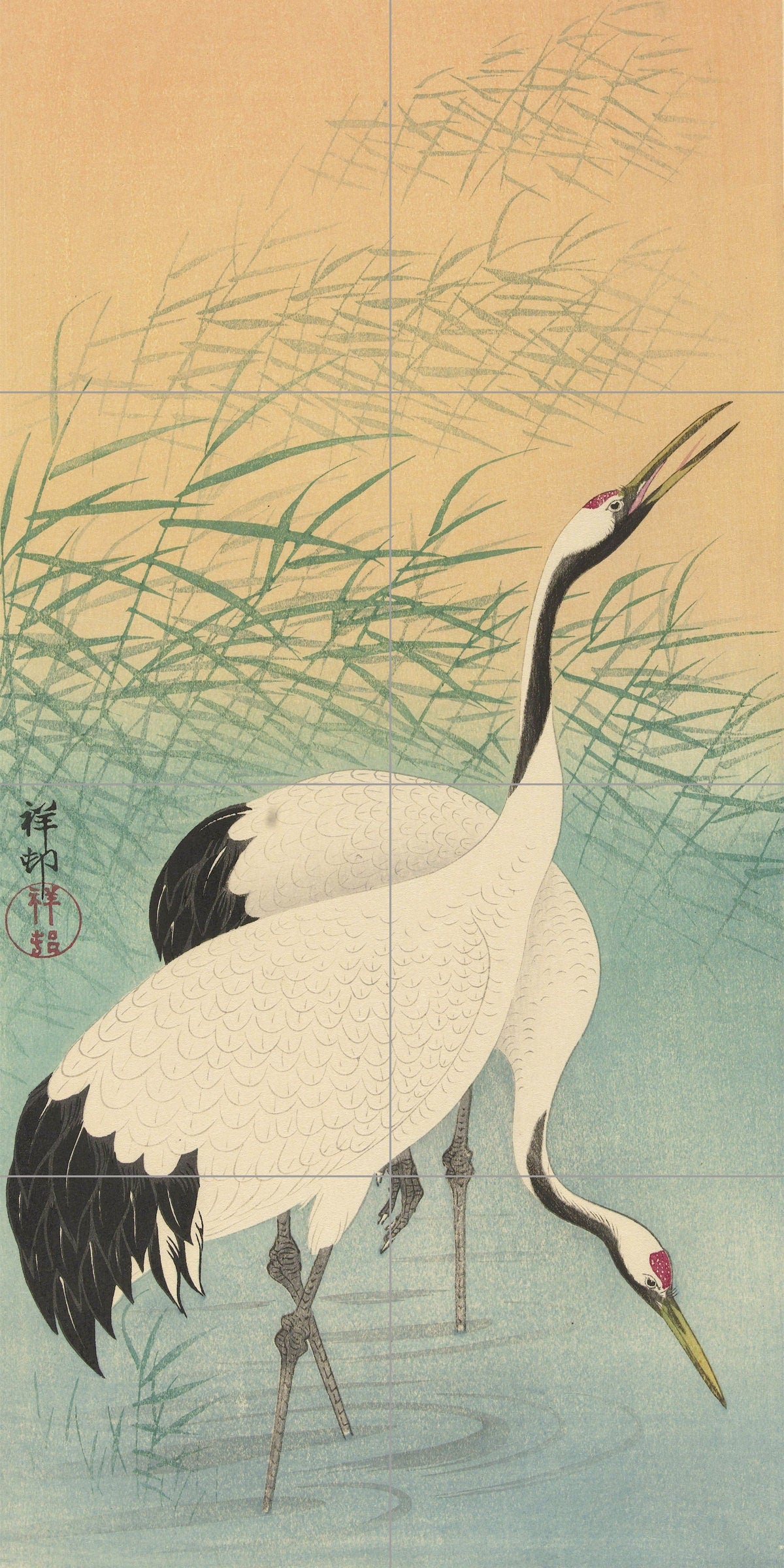 Tile Mural/Mosaic Ceramic Panel of Two Cranes - Ohara Koson Print - Japanese Art - Japanese art print Tile Mural - Gloss Tiles -Tile Mosaic
