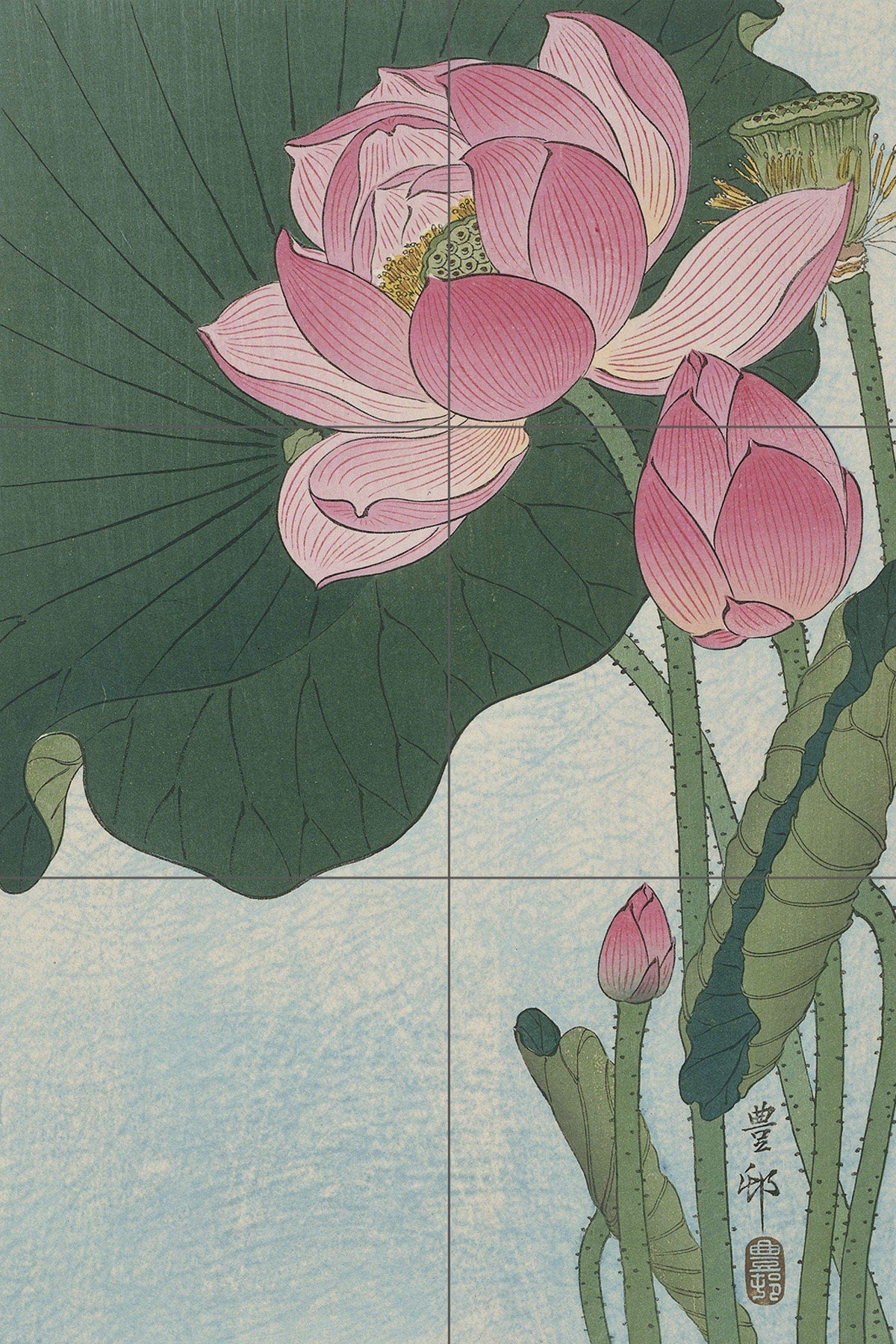 Tile Mural/Mosaic Ceramic Panel of a Blooming Lotus Flower - Japan wall print- Koson - Wall Nature Art -Tile Mural -Gloss Tiles -Tile Mosaic