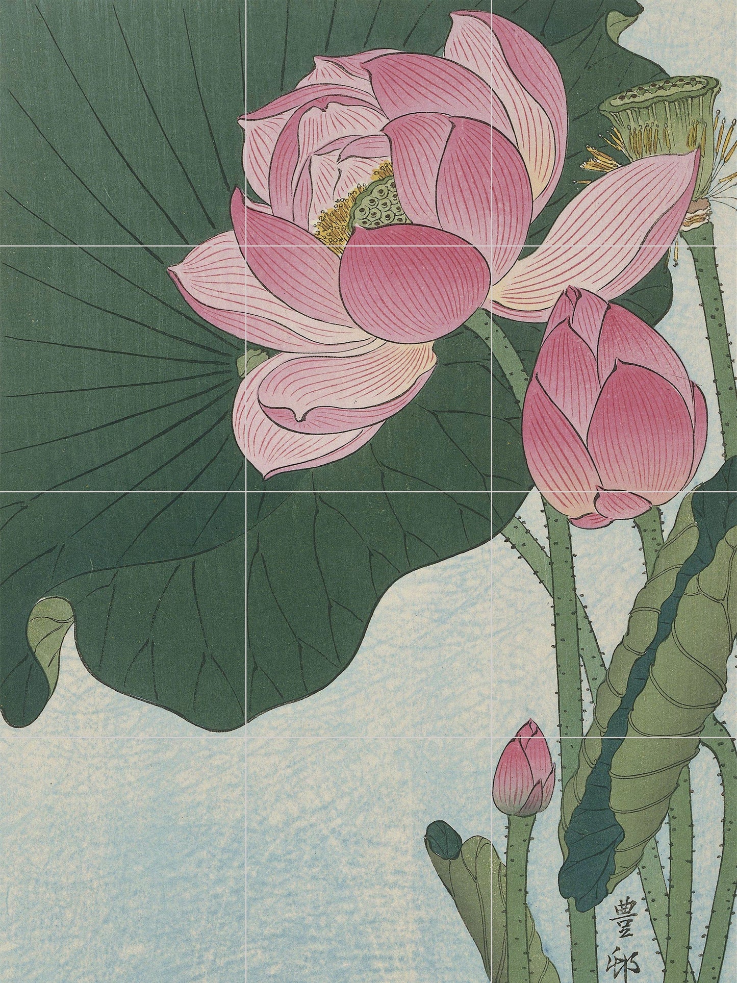 Tile Mural/Mosaic Ceramic Panel of a Blooming Lotus Flower - Japan wall print- Koson - Wall Nature Art -Tile Mural -Gloss Tiles -Tile Mosaic
