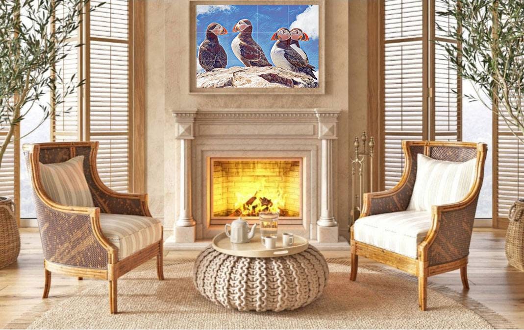 Tile Mural/Mosaic Ceramic Panel of Puffins - Puffin wall print - Puffins wall Art - Bird art print - Tile Mural - Gloss Tiles - Tile Mosaic