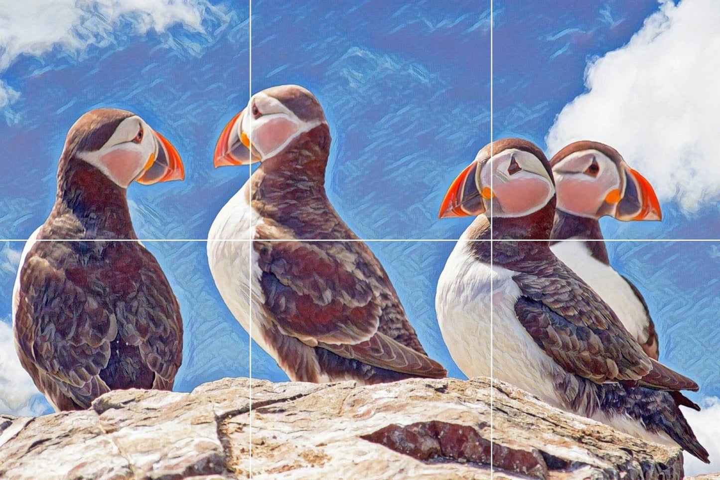 Tile Mural/Mosaic Ceramic Panel of Puffins - Puffin wall print - Puffins wall Art - Bird art print - Tile Mural - Gloss Tiles - Tile Mosaic