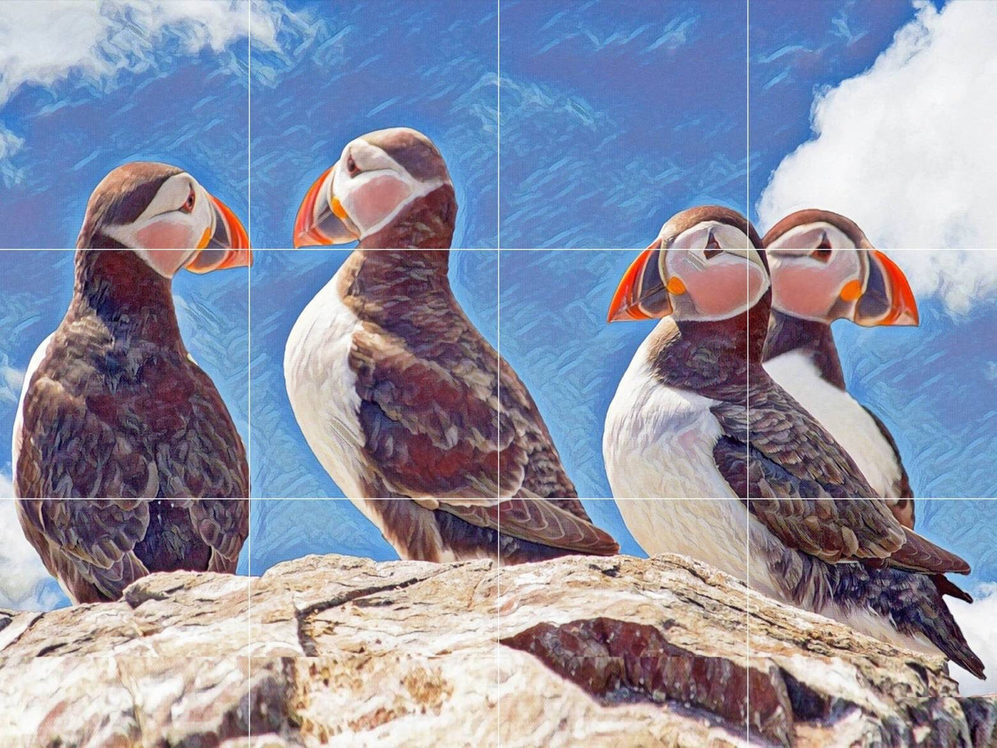 Tile Mural/Mosaic Ceramic Panel of Puffins - Puffin wall print - Puffins wall Art - Bird art print - Tile Mural - Gloss Tiles - Tile Mosaic