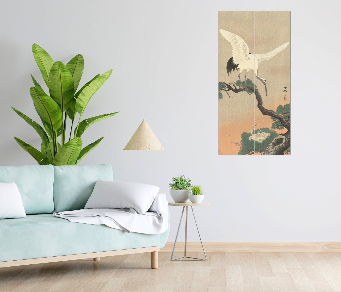 Tile Mural/Mosaic Ceramic Panel of Ohara Koson Japanese crane on branch of pine - Koson wall print - Tile Mural - Gloss Tiles - Tile Mosaic