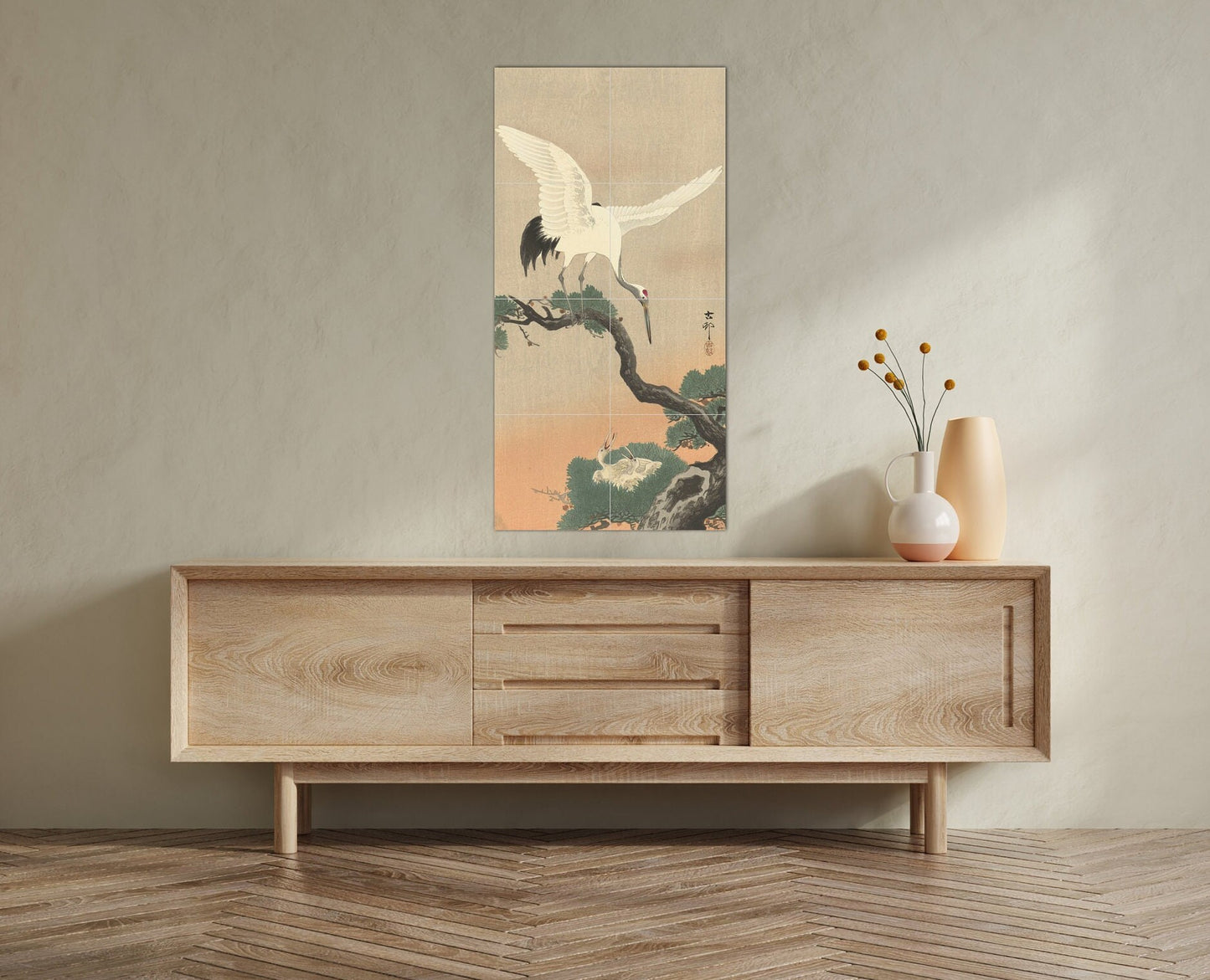 Tile Mural/Mosaic Ceramic Panel of Ohara Koson Japanese crane on branch of pine - Koson wall print - Tile Mural - Gloss Tiles - Tile Mosaic