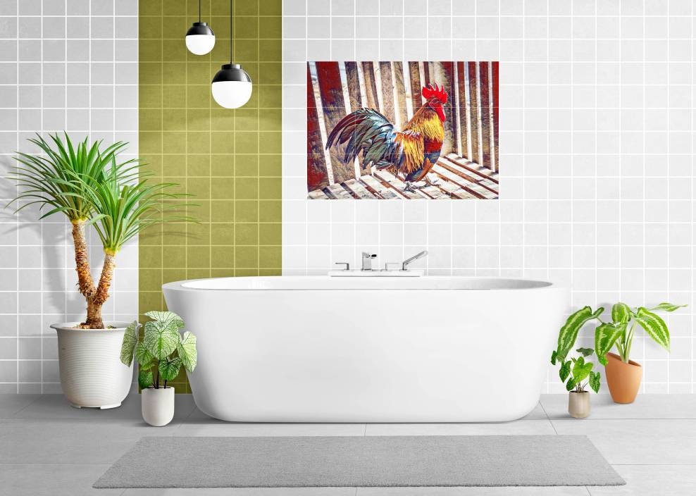 Tile Mural/Mosaic Ceramic Panel of a Rooster - Countryside Mural - Wall Nature Art - Rooster Mural - Tile Mural - Gloss Tiles - Tile Mosaic
