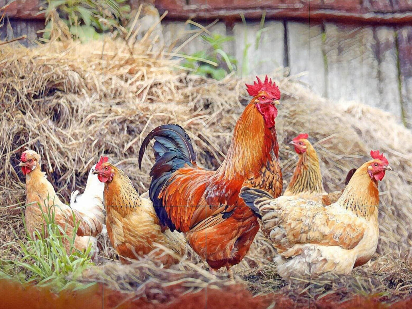 Tile Mural/Mosaic Ceramic Panel of a Rooster and Hen - Countryside Mural - Wall Art - Rooster Mural - Tile Mural - Gloss Tiles - Tile Mosaic
