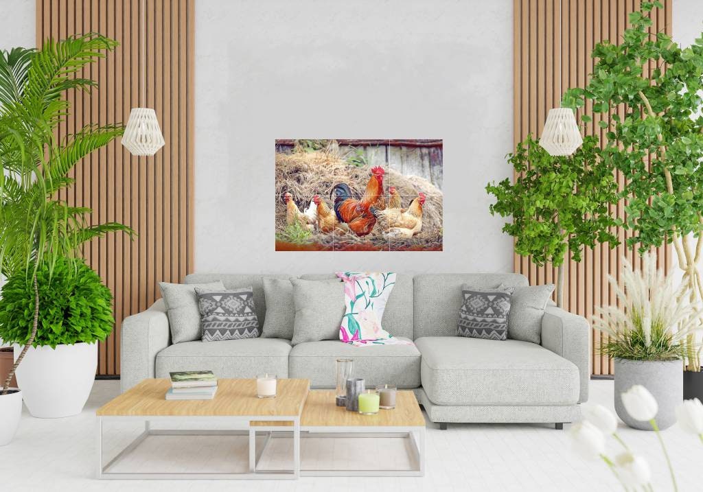 Tile Mural/Mosaic Ceramic Panel of a Rooster and Hen - Countryside Mural - Wall Art - Rooster Mural - Tile Mural - Gloss Tiles - Tile Mosaic