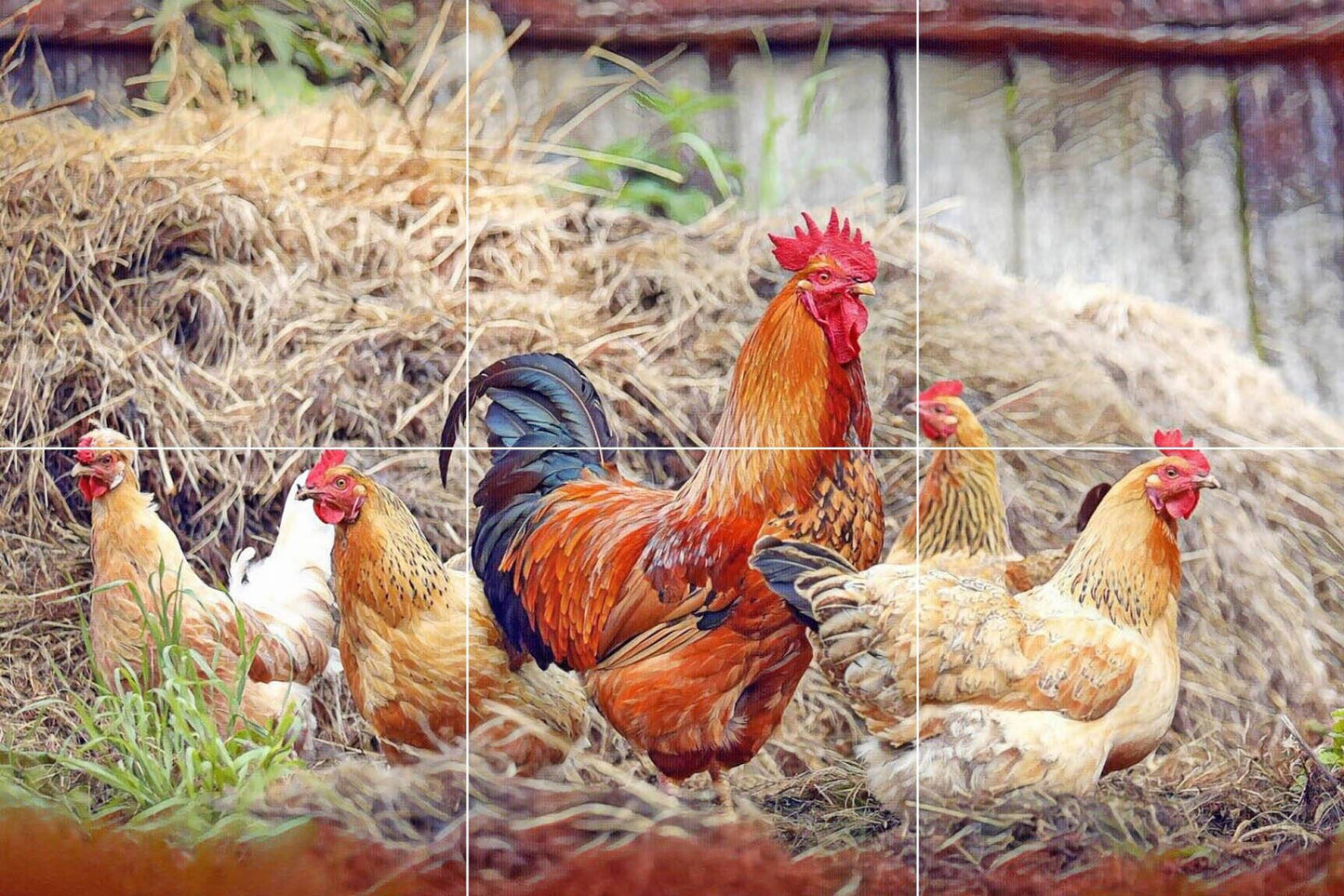 Tile Mural/Mosaic Ceramic Panel of a Rooster and Hen - Countryside Mural - Wall Art - Rooster Mural - Tile Mural - Gloss Tiles - Tile Mosaic