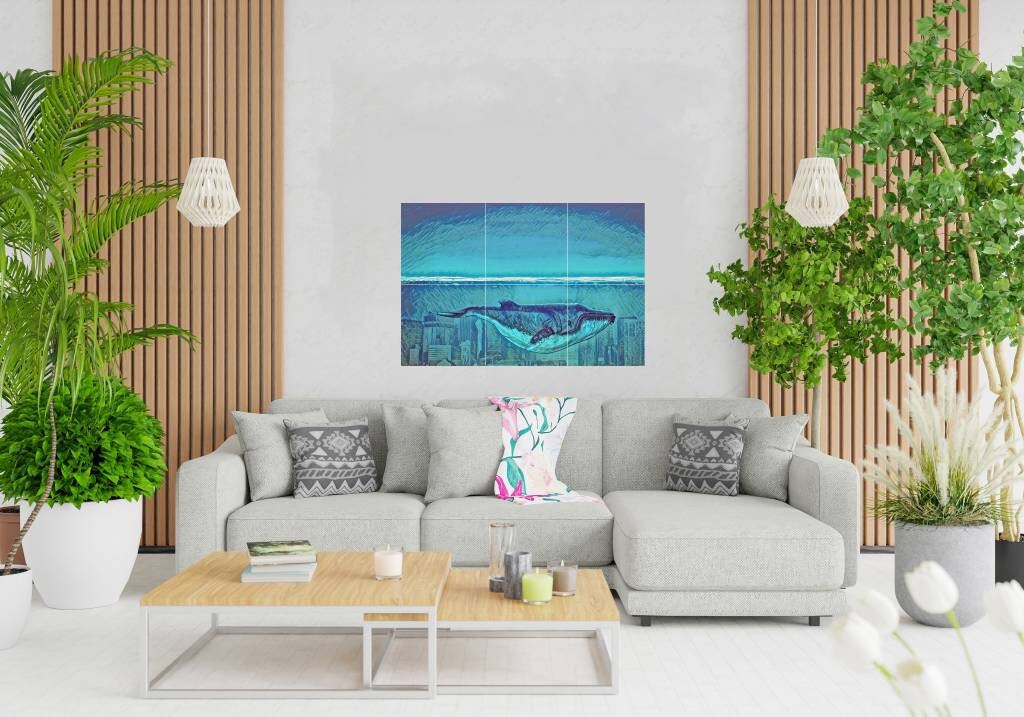 Tile Mural/Mosaic Ceramic Panel of a Whale Ocean World - Whale Mural - Wall Art - Tile Mural Art - Fish Mural - Home Decor - Tile Mosaic