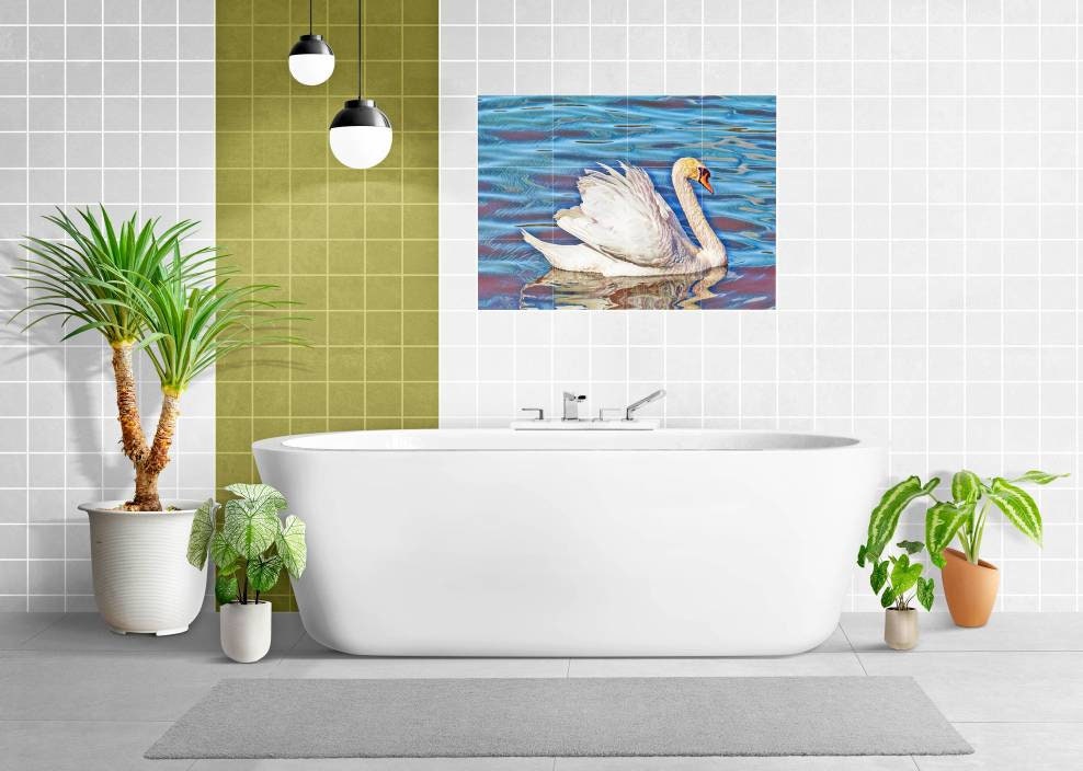 Tile Mural/Mosaic Ceramic Panel of Swan - Bird Mural - Swans Wall Decor - Swan Wall Art - Swan Tile Mural - Gloss Tiles - Tile Mosaic