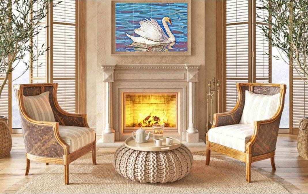 Tile Mural/Mosaic Ceramic Panel of Swan - Bird Mural - Swans Wall Decor - Swan Wall Art - Swan Tile Mural - Gloss Tiles - Tile Mosaic