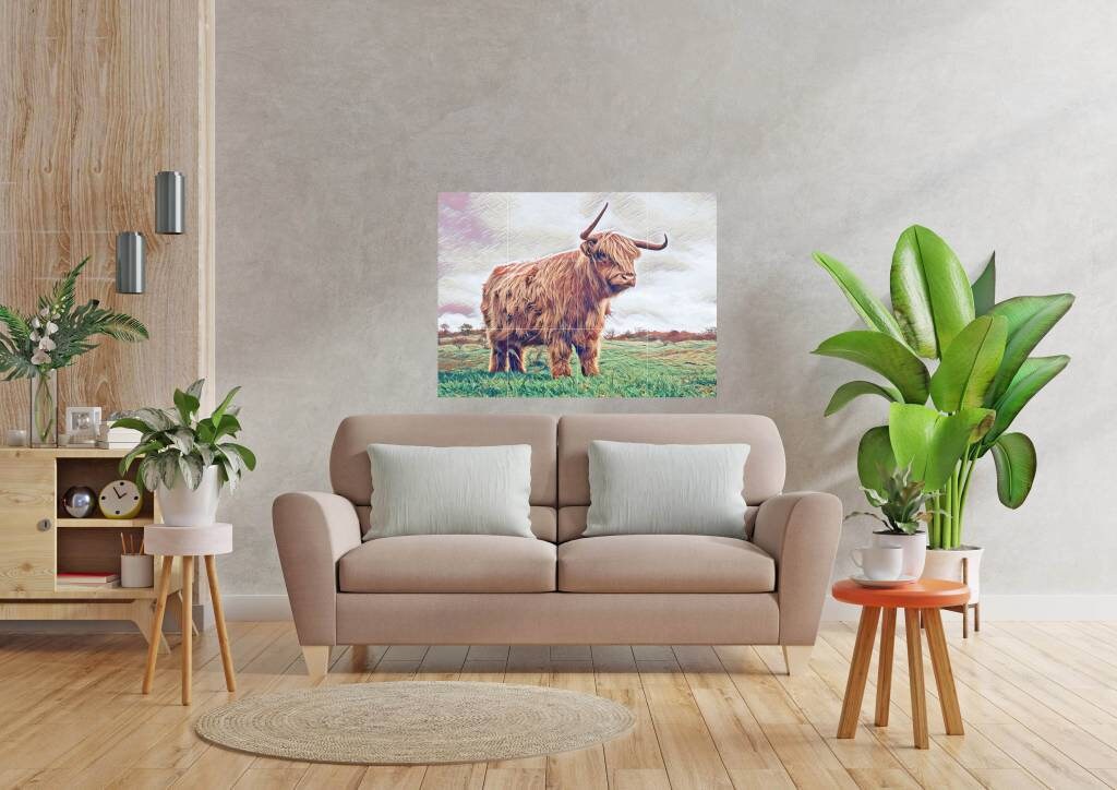 Tile Mural/Mosaic Ceramic Panel of a Scottish Highland Cow - Yak Wall Nature Art - Cow wall print Tile Mural - Gloss Tiles - Tile Mosaic