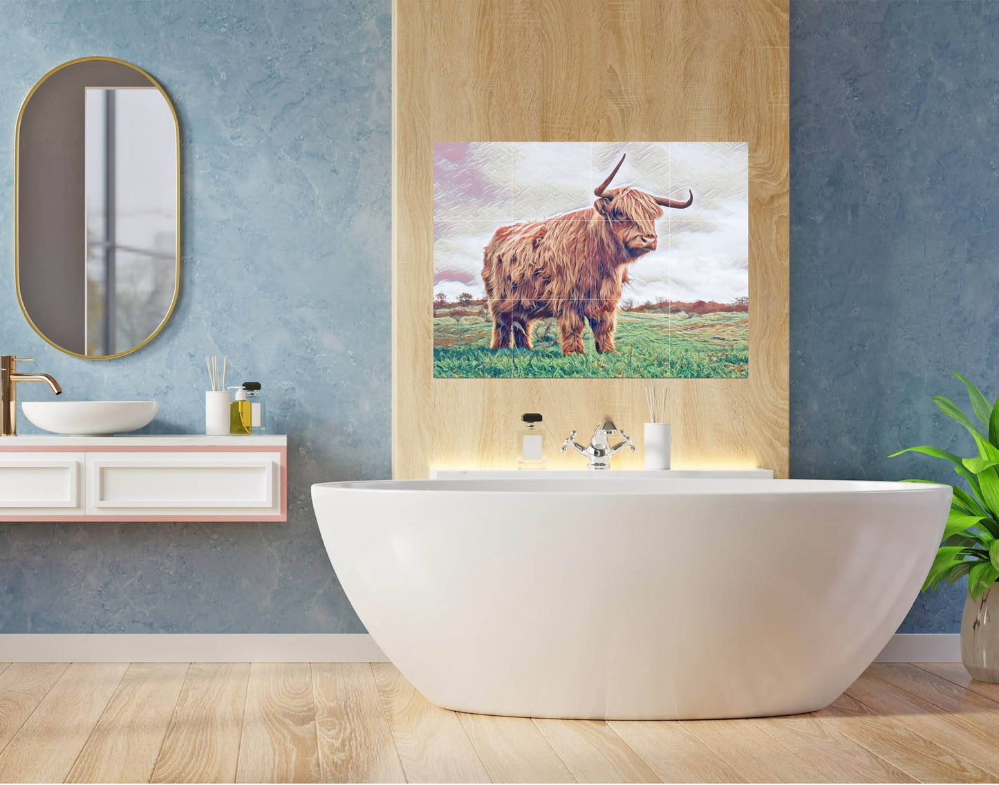 Tile Mural/Mosaic Ceramic Panel of a Scottish Highland Cow - Yak Wall Nature Art - Cow wall print Tile Mural - Gloss Tiles - Tile Mosaic