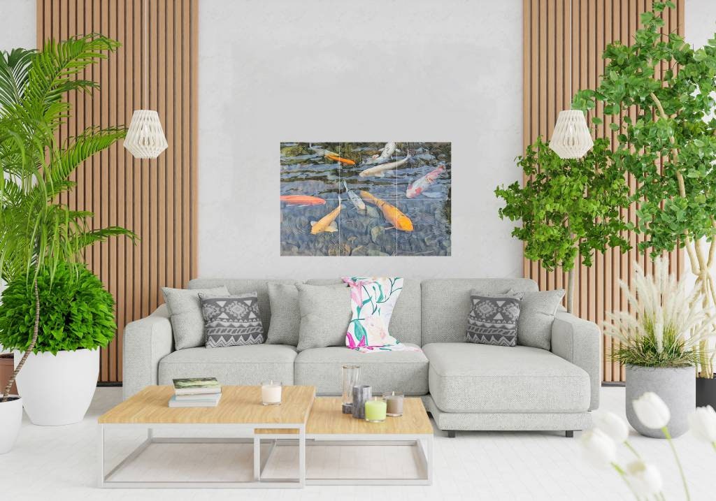 Tile Mural/Mosaic Ceramic Panel of a Japanese Koi Fish Pond -Koi Fish wall print -Japanese Tile Mural-Gloss Tiles -Tile Mosaic, shower tiles