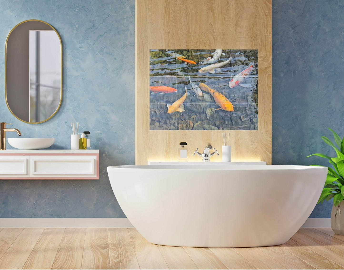 Tile Mural/Mosaic Ceramic Panel of a Japanese Koi Fish Pond -Koi Fish wall print -Japanese Tile Mural-Gloss Tiles -Tile Mosaic, shower tiles