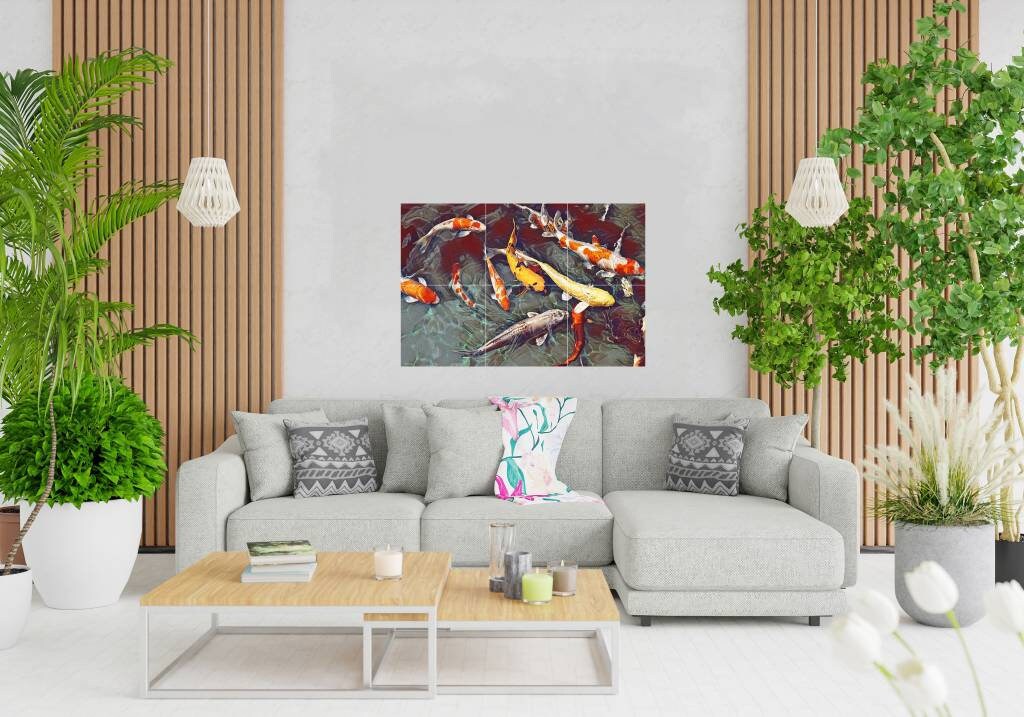 Tile Mural/Mosaic Ceramic Panel of a Japanese Koi Fish Pond - Wall Nature Art - Japanese Tile Mural -Gloss Tiles -Tile Mosaic