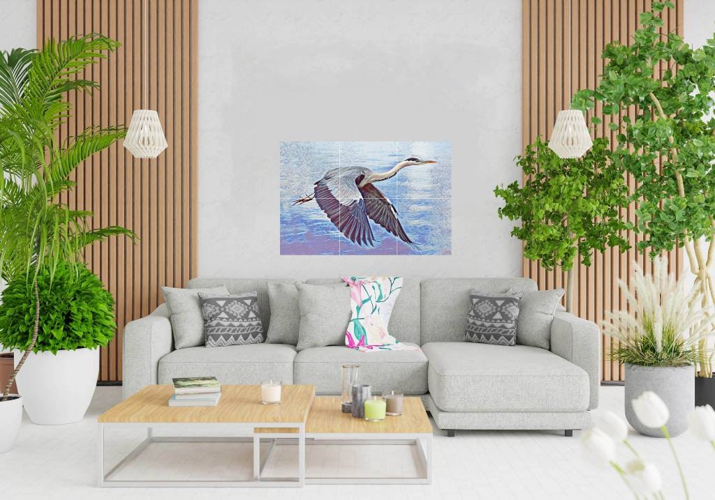 Tile Mural/Mosaic Ceramic Panel of a Flying Crane Bird - Crane Wall Art - Crane wall print - Tile Mural - Gloss Tiles - Tile Mosaic