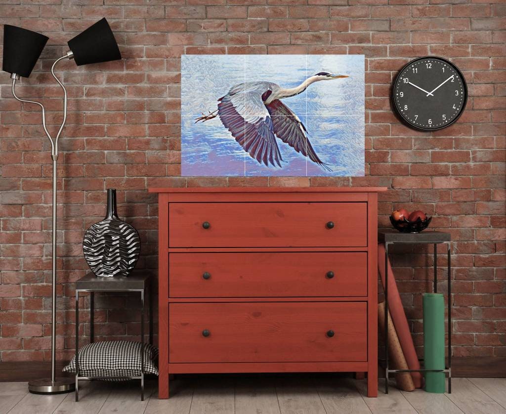 Tile Mural/Mosaic Ceramic Panel of a Flying Crane Bird - Crane Wall Art - Crane wall print - Tile Mural - Gloss Tiles - Tile Mosaic
