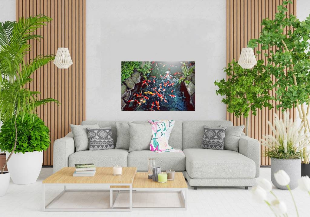 Tile Mural/Mosaic Ceramic Panel of a Japanese Koi Fish Pond - Koi Fish wall print - Japanese Tile Mural -Gloss Tiles -Tile Mosaic