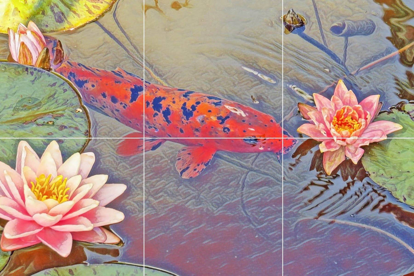 Tile Mural/Mosaic Ceramic Panel of a Japanese Koi Fish Lotus Pond - Koi Fish wall print - Japanese Tile Mural -Gloss Tiles -Tile Mosaic