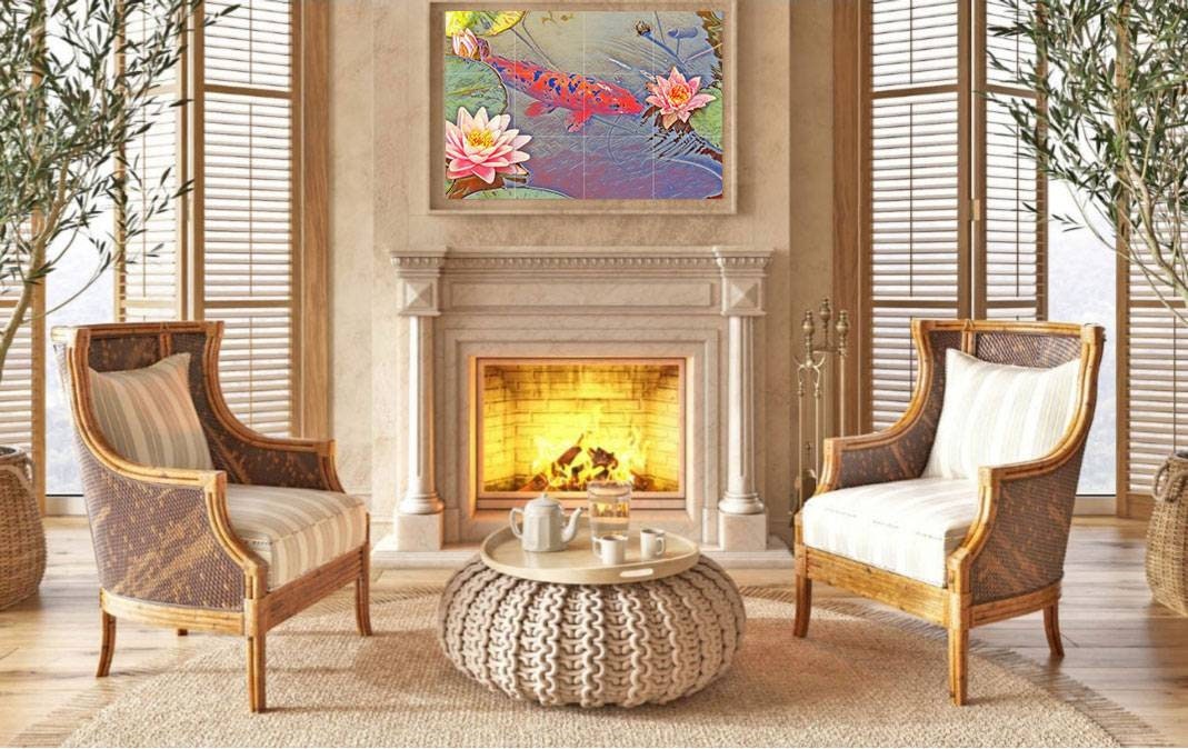 Tile Mural/Mosaic Ceramic Panel of a Japanese Koi Fish Lotus Pond - Koi Fish wall print - Japanese Tile Mural -Gloss Tiles -Tile Mosaic