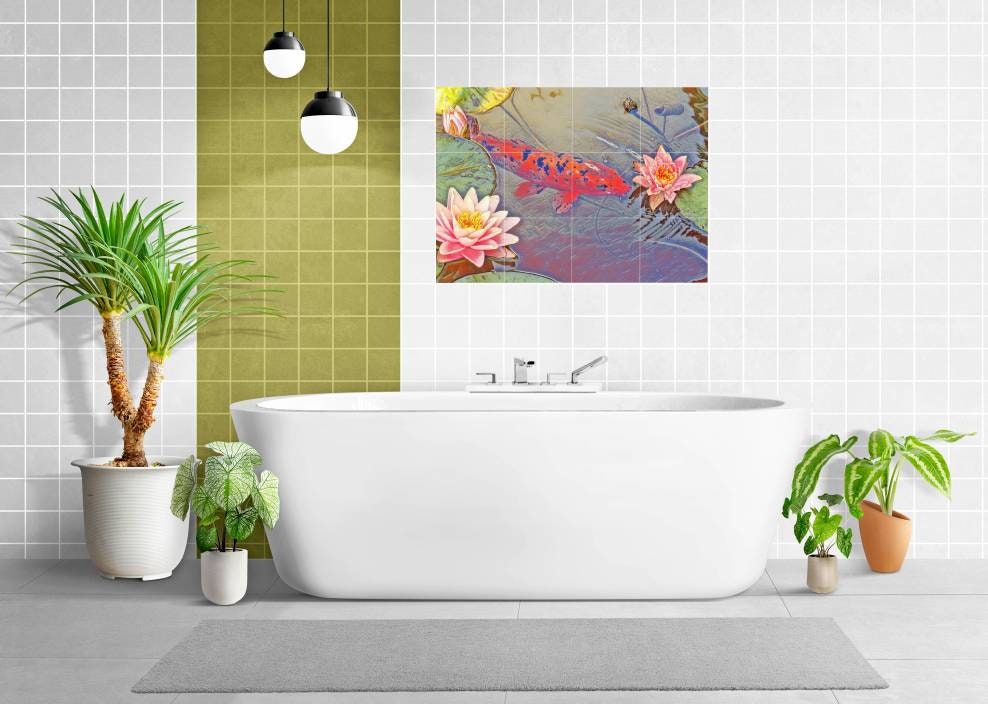 Tile Mural/Mosaic Ceramic Panel of a Japanese Koi Fish Lotus Pond - Koi Fish wall print - Japanese Tile Mural -Gloss Tiles -Tile Mosaic
