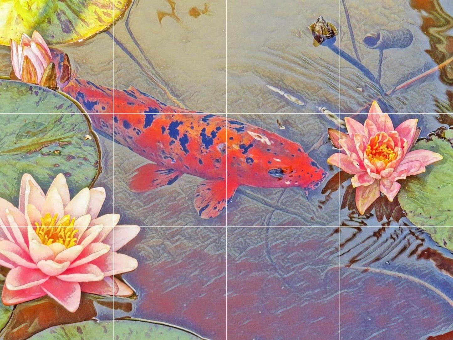 Tile Mural/Mosaic Ceramic Panel of a Japanese Koi Fish Lotus Pond - Koi Fish wall print - Japanese Tile Mural -Gloss Tiles -Tile Mosaic