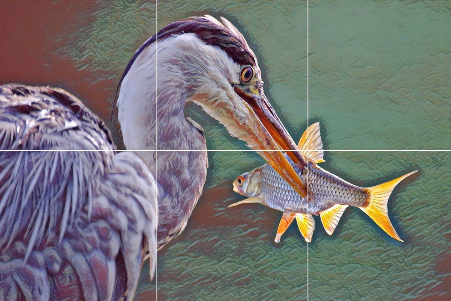 Tile Mural/Mosaic Ceramic Panel of a Heron Bird with Fish -Heron wall print - heron bird wall art - Tile Mural - Gloss Tiles - Tile Mosaic