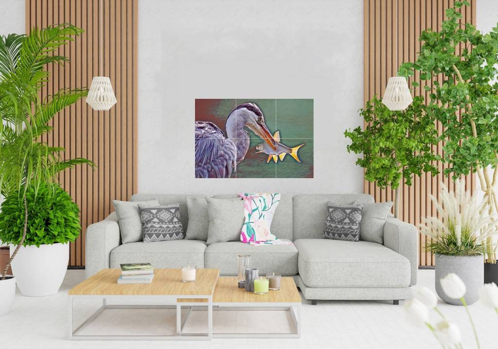 Tile Mural/Mosaic Ceramic Panel of a Heron Bird with Fish -Heron wall print - heron bird wall art - Tile Mural - Gloss Tiles - Tile Mosaic
