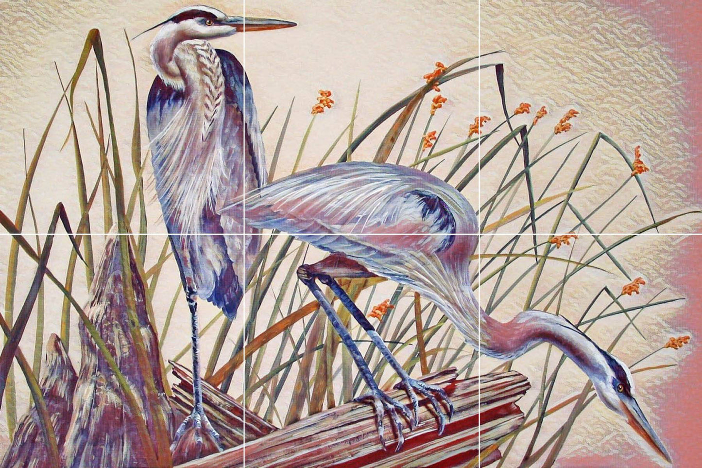 Tile Mural/Mosaic Ceramic Panel of Blue Herons Birds - Heron Birds Wall Art - Heron Birds Print - Tile Mural - Gloss Tiles - Tile Mosaic